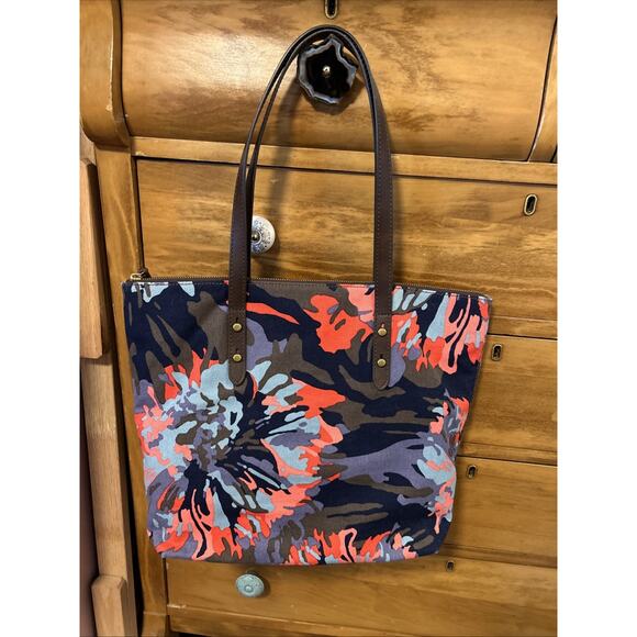 Fossil Tote Bag, Brown Leather Floral Multicolor Bag, Canvas Colorful - Picture 1 of 9